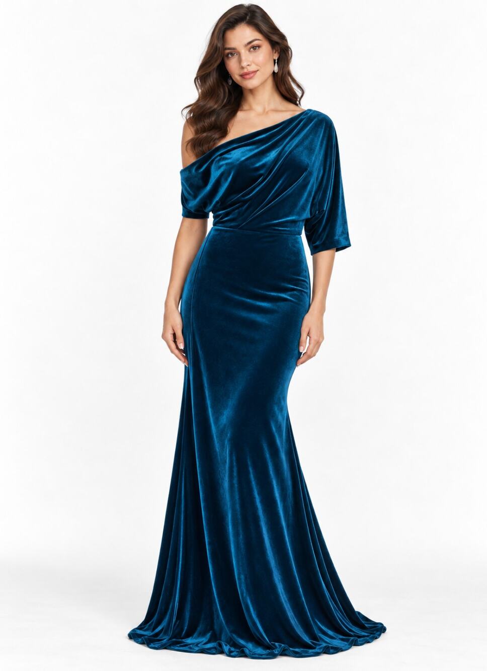 BETSY & ADAM Velvet Asymmetric Gown Size 4 Teal Blue Off Shoulder A26008 NWT
